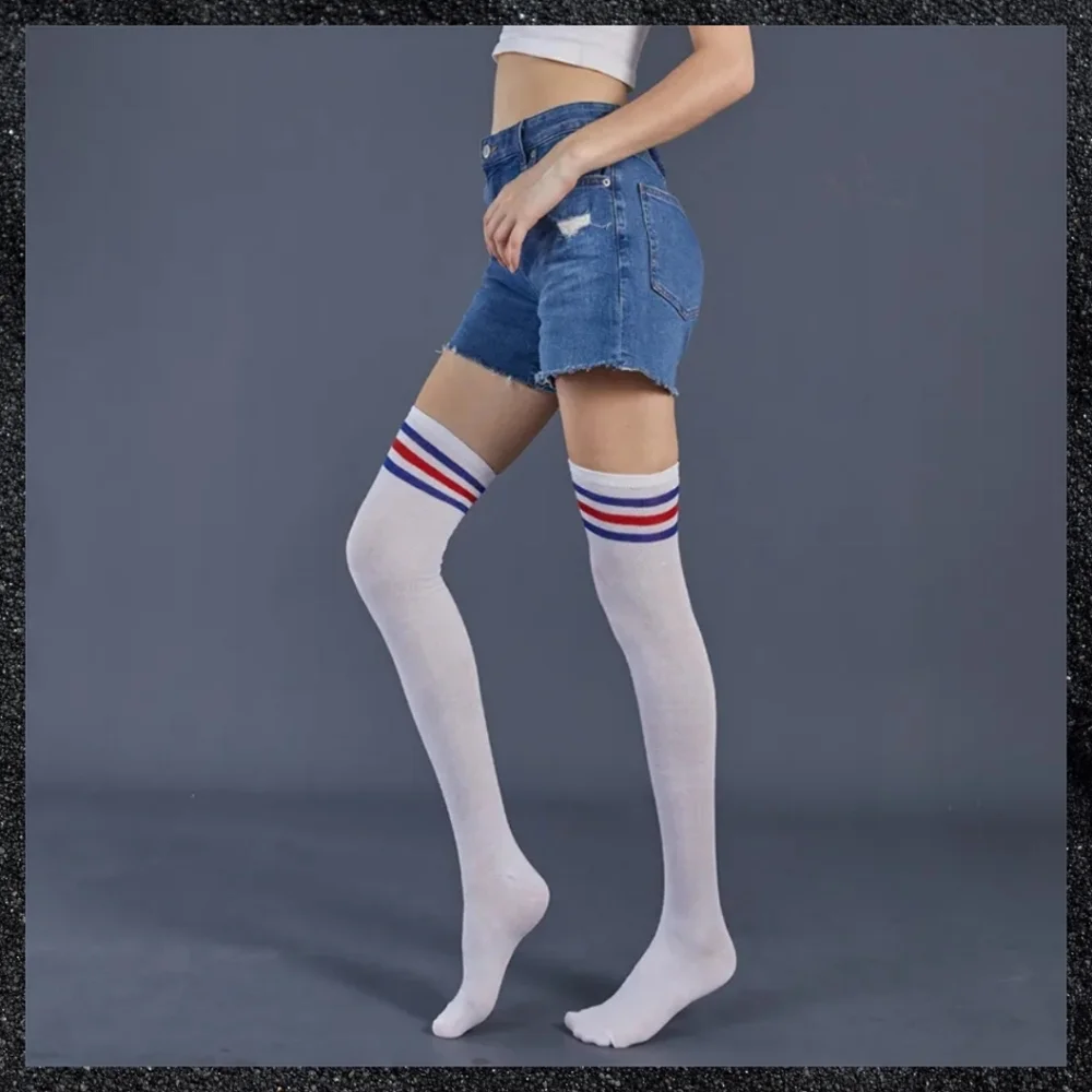 Blue & Red Stripe White Thigh High Over-the-Knee Stockings